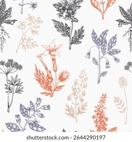 Witch herbs seamless pattern. Poisonous plants background. Apothecary hand-drawn vector illustration. NOT AI generated