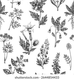 Witch herbs seamless pattern. Poisonous plants background. Apothecary hand-drawn vector illustration. NOT AI generated