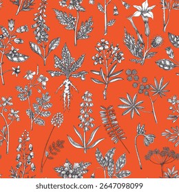 Witch herbs seamless pattern. Poisonous plants background. Apothecary herbs hand-drawn vector illustration. Bohemian design. NOT AI generated