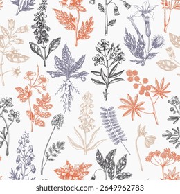 Witch herbs seamless pattern. Poisonous plants background. Apothecary herbs hand-drawn vector illustration. Bohemian design. NOT AI generated