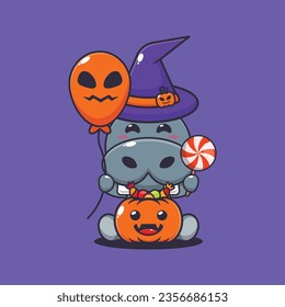 Witch hippo holding halloween balloon and candy. Cute halloween cartoon illustration. 