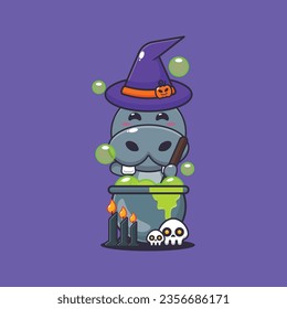 Witch hippo making potion in halloween day. Cute halloween cartoon illustration. 