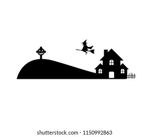 witch and his home on white background, silhouette vectors.