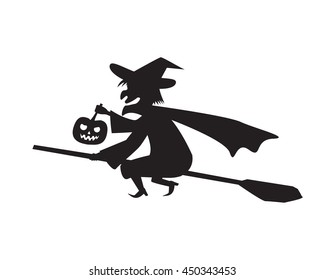Witch hold pumpkin lamp on a broomstick