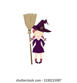 The witch Holding a broom. halloween Funny and cute carnival kids. Draw with angles vector design