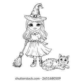 Witch, holding a broom in her hands, next to a cat, a familiar, a black and white sketch. Vector illustration. Mystical Halloween entourage, isolated on white background. Theme of magic and witchcraft