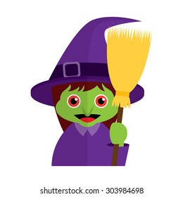 Witch holding a broom on white background. Icon symbol design. Vector illustration.