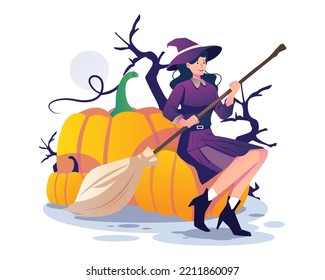 Bruja sosteniendo un bastón de escoba y sentada sobre una calabaza gigante de Halloween. Mujer joven con sombrero vestido de bruja. Ilustración vectorial en estilo plano