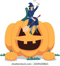 Witch holding broomstick sitting on giant pumpkin