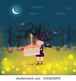 The witch Holding a Cake Pink. halloween Funny and cute carnival kid Draw with angles in the cemetery for halloween party- Mobile Game 2d game