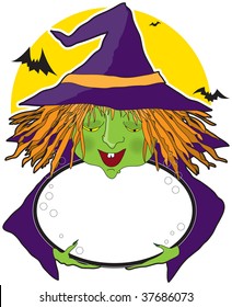 A witch holding a cauldron with space for text