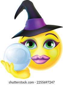 Una bruja sostiene una caricatura de emoticono de bola de cristal ícono de la cara de Halloween
