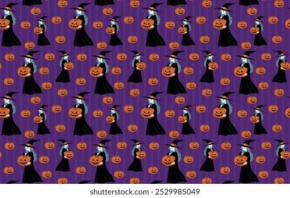 witch holding halloween pumpkin, illustration, in purple tones, pattern