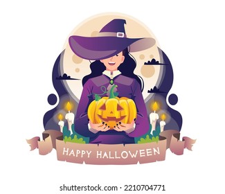Witch holding Halloween pumpkin. Young Woman in a witch costume with Hat, Night background with the moon. Vector illustration in flat style