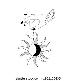 Witch holding with hand amulet with crescent moon, simple boho tattoo hand drawing, modern vintage design. Magic symbol for witchcraft, astrology, palmistry. Vector illustration isolated on a white.