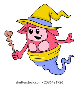 witch holding magic wand flying around, vector illustration art. doodle icon image kawaii.
