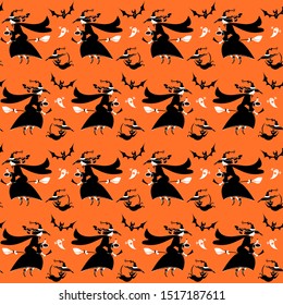 Witch holding magical potion flying on broom. Happy Halloween. Seamless background pattern. Vector illustration. 