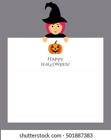 Witch is holding a notepad sheet For the entries.Modern flat design.Pumpkin and inscription happy Halloween.