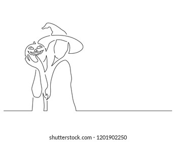 Witch holding a pumpkin isolated line drawing, vector illustration design. Halloween collection.