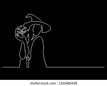 Witch holding a pumpkin isolated line drawing, vector illustration design. Halloween collection.