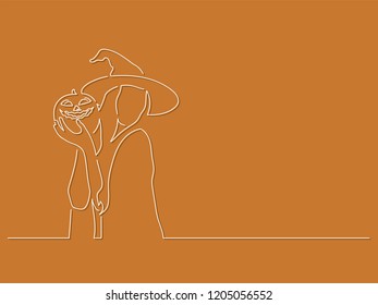 Witch holding a pumpkin isolated line drawing, vector illustration design. Halloween collection.