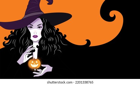 Una bruja sostiene calabaza sobre fondo negro y naranja. Vector, ilustrador.