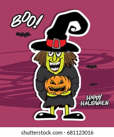 witch holding a pumpkin showing hand red background