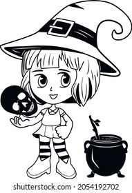 witch holding a skull, next to the silhouette of a cauldron. anime style. vector. eps.