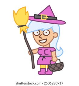 Witch holds broom and smiles. Vector Illustration