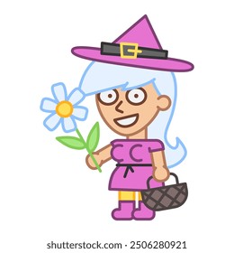 Witch holds flower and smiles. Vector Illustration