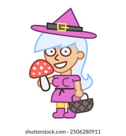 Witch holds fly agaric mushroom and smiles. Vector Illustration