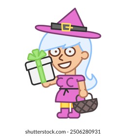 Witch holds gift box and smiles. Vector Illustration