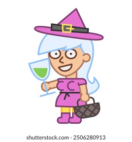 Witch holds glass with drink and smiles. Vector Illustration