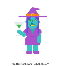 Witch holds glass and smiles. Vector Illustration