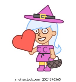 Witch holds heart and smiles. Vector Illustration