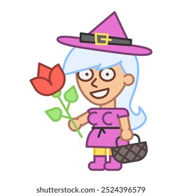 Witch holds rose and smiles. Vector Illustration