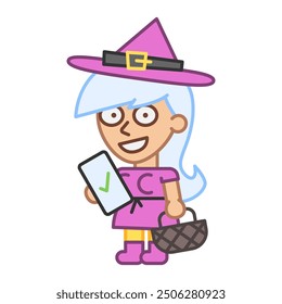 Witch holds smartphone and smiles. Vector Illustration