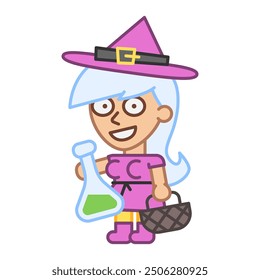 Witch holds test tube and smiles. Vector Illustration