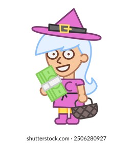 Witch holds wad money and smiles. Vector Illustration