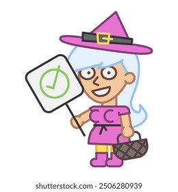 Witch holds yes sign and smiles. Vector Illustration