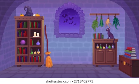 Escena interior del hogar de la bruja. Casa mágica de dibujos animados