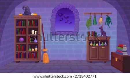 Witch home interior scene. Cartoon magic house