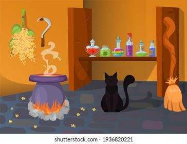 Witch home with potion in cauldron and bottles, black cat, broom. Spooky holiday decoration. Flat vector illustration. Halloween holiday concept