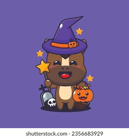 Witch horse in halloween day. Cute halloween cartoon illustration.