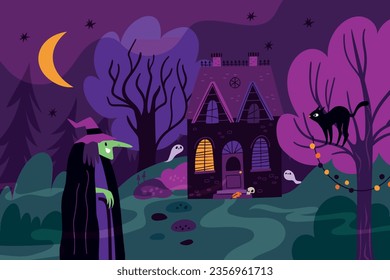 Witch house in dark forest. Mystery night home. Halloween wood. Horror castle. Ghosts and black cat. Spooky landscape. Scary sorceress. Mysterious warlocks garden. Garish