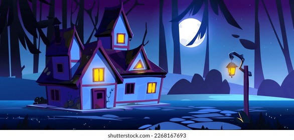 Witch house in forest landscape at night. Beautiful scary scene for game or banner design. Full moon dark landscape with cottage. Rural old building exterior. Outdoor firefly scenery at nighttime.