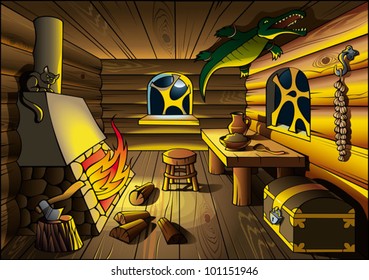 Witch house interior, lit by fire from chimney, vector illustration