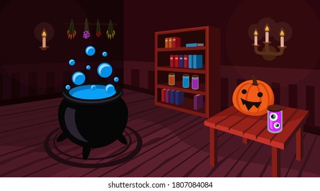 Witch house with magical cauldron and spooky pumpkin, vector illustration