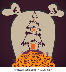 Witch house on hill pumpkins and fly witch in the sky. Vector illustration