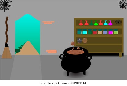 Witch house with pot and boiler